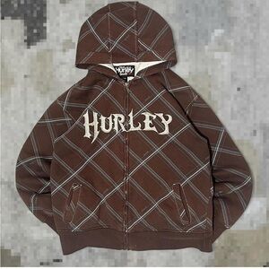 Women's Y2K Hurley Chocolate Checkered Full Zip Up Hoodie Size Large